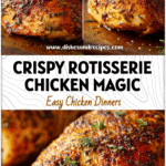 Golden oven roasted chicken breast with crispy skin and rotisserie seasoning served on a baking tray